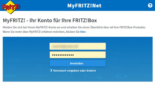 MyFRITZ!-Login, Eingabefeld für Benutzername & Passwort ist hervorgehoben.