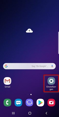 Startseite eines Samsung Smartphone mit Android 9. Das Symbol für die Einstellungen ist markiert.