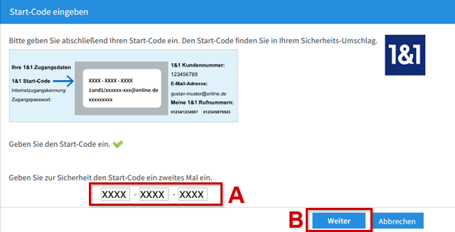 Eingabefeld für Start-Code ist mit rotem Rand und rotem A-, "Weiter" ist mit rotem Rand und rotem B hervorgehoben.