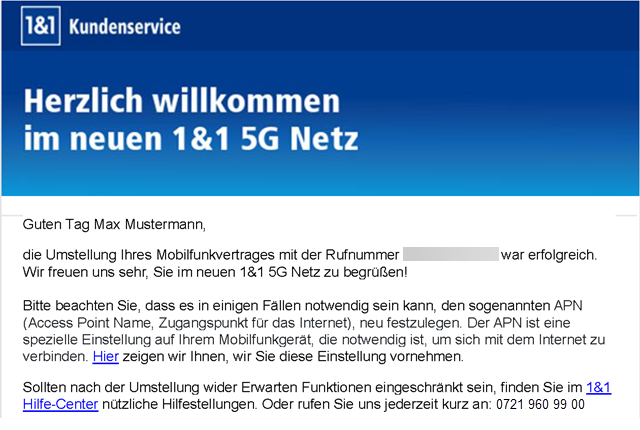 E-Mail nach erfolgreicher Netzumstellung