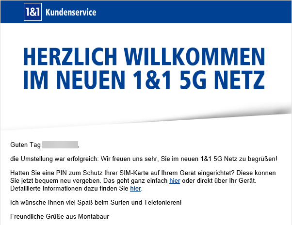 E-Mail nach erfolgreicher Netzumstellung