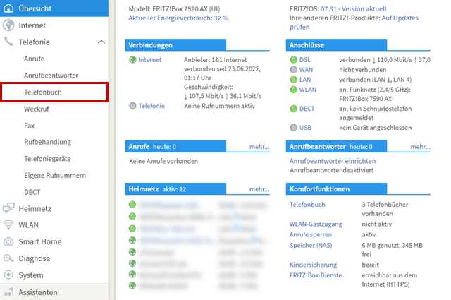 FRITZ!OS-Übersichtsseite, Telefonie-Menü ausgeklappt, Telefonbuch-Menütitel hervorgehoben
