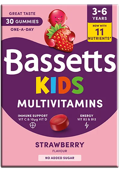 A box of Bassetts Vitamins 3-6 years Kids Multivitamins Strawberry flavour