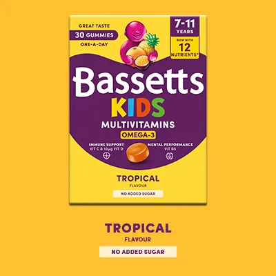 A box of Bassetts Vitamins 7-11 years Multivitamins +Omega-3 Tropical flavour