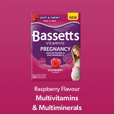 A box of Bassetts Vitamins Pregnancy Multivitamins & Multiminerals Raspberry flavour