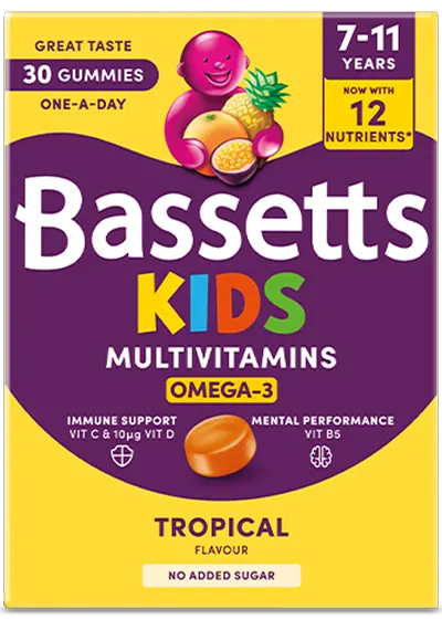 A box of Bassetts Vitamins 7-11 years Multivitamins +Omega-3 Tropical flavour
