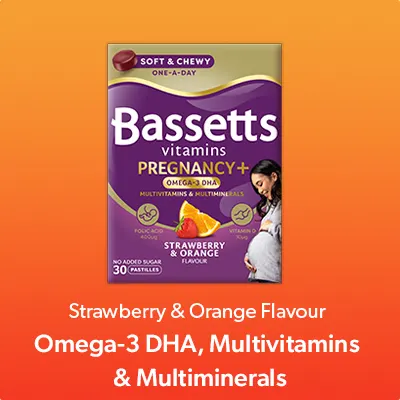 A box of Bassetts Vitamins Omega-3 DHA, Pregnancy Multivitamins & Multiminerals Strawberry & Orange flavour