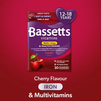 A box of Bassetts Vitamins 12-18 years Kids Multivitamins +Iron Cherry flavour
