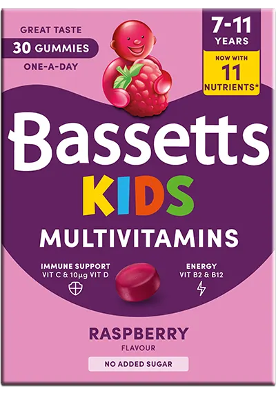 A box of Bassetts Vitamins 7-11 years Kids Multivitamins Raspberry flavour