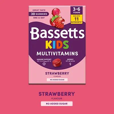 A box of Bassetts Vitamins 3-6 years Kids Multivitamins Strawberry flavour