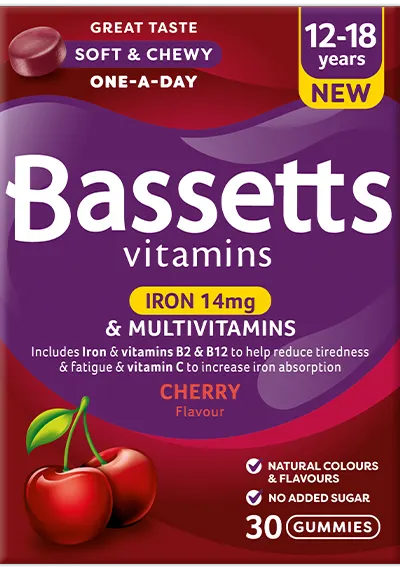 A box of Bassetts Vitamins 12-18 years Kids Multivitamins +Iron Cherry flavour