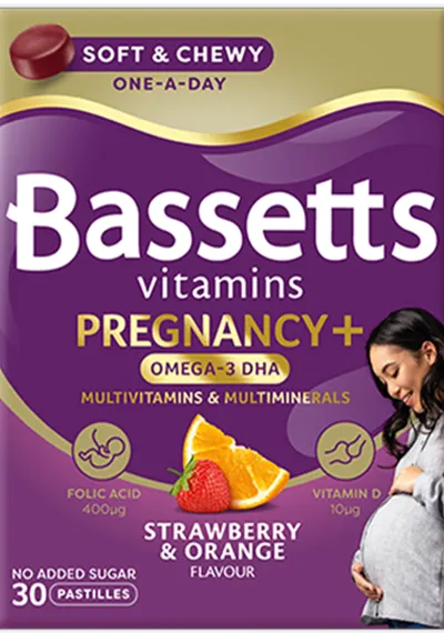 A box of Bassetts Vitamins Omega-3 DHA, Pregnancy Multivitamins & Multiminerals Strawberry & Orange flavour
