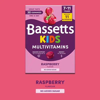 A box of Bassetts Vitamins 7-11 years Kids Multivitamins Raspberry flavour