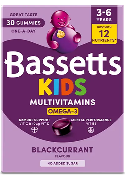 A box of Bassetts Vitamins 3-6 years Kids Multivitamins Blackcurrant & Apple flavour
