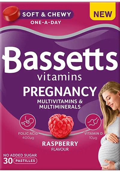 A box of Bassetts Vitamins Pregnancy Multivitamins & Multiminerals Raspberry flavour
