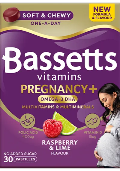 A box of Bassetts Vitamins Omega-3 DHA, Pregnancy Multivitamins & Multiminerals Strawberry & Orange flavour