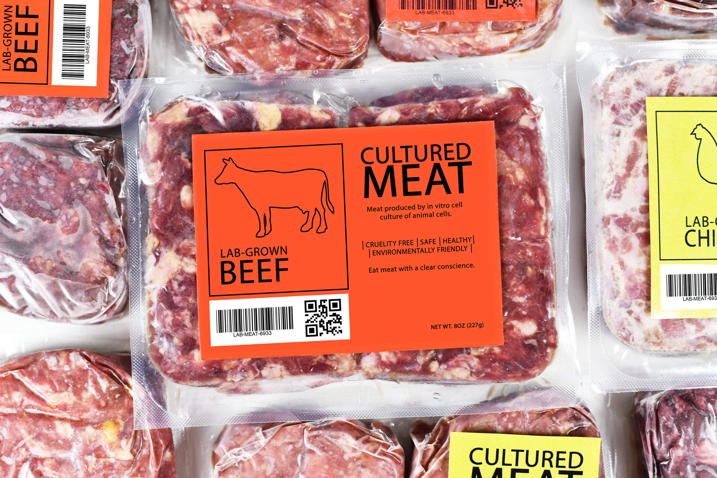 Image of packages beef, packaging reads 'Cultured Meat: meat produced by in vitro cell culture of animal cells. Cruelty free, safe, healthy, environmentally friendly. Lab-grown beef. Eat meat with a clear conscience.'