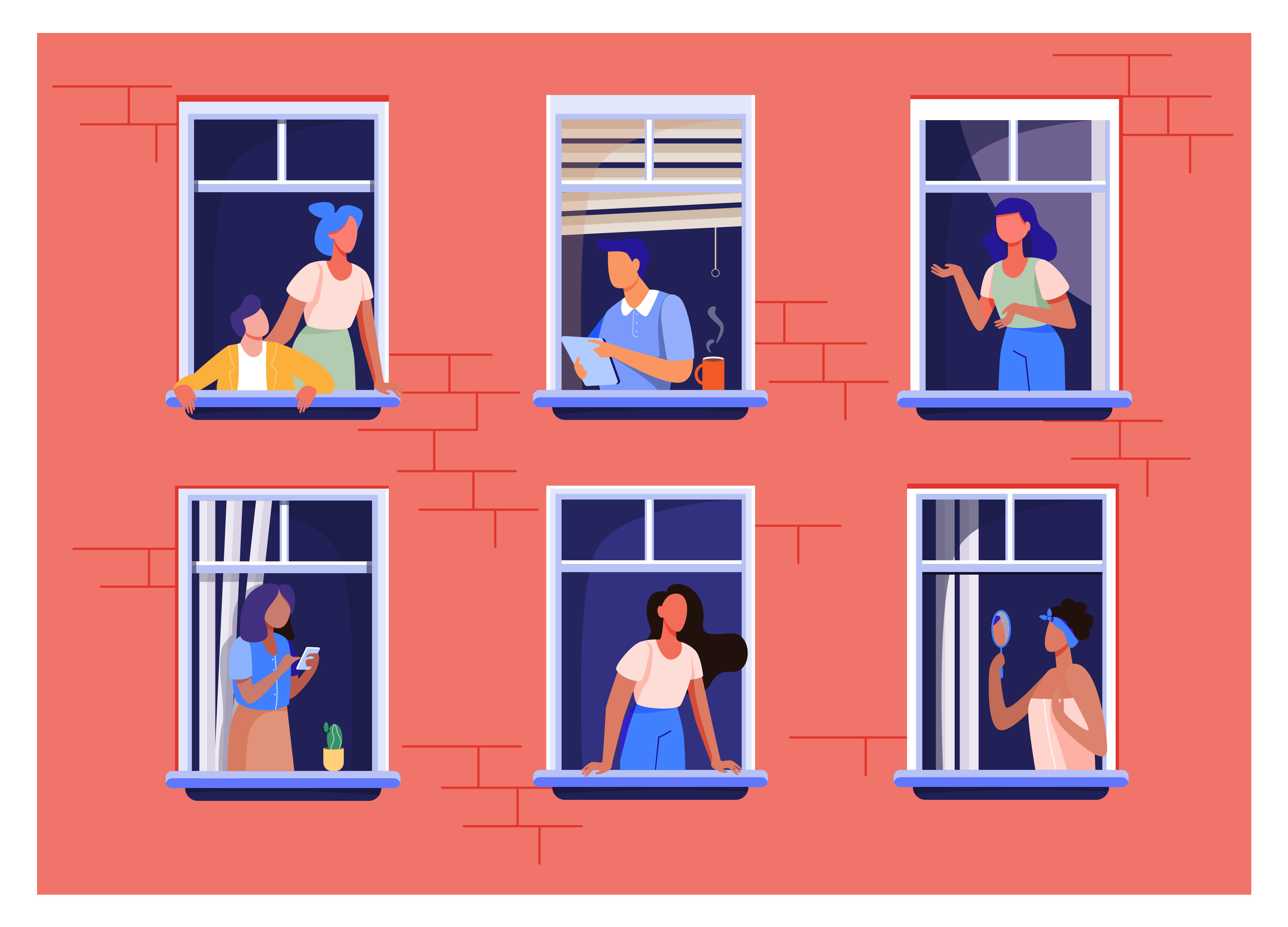 Illustration of 6 windows with people in each window