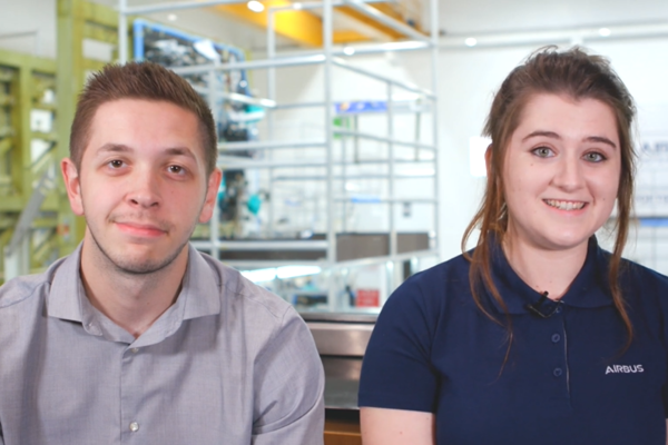 Screenshot from video, of Matt and Ellie, apprentices at Airbus