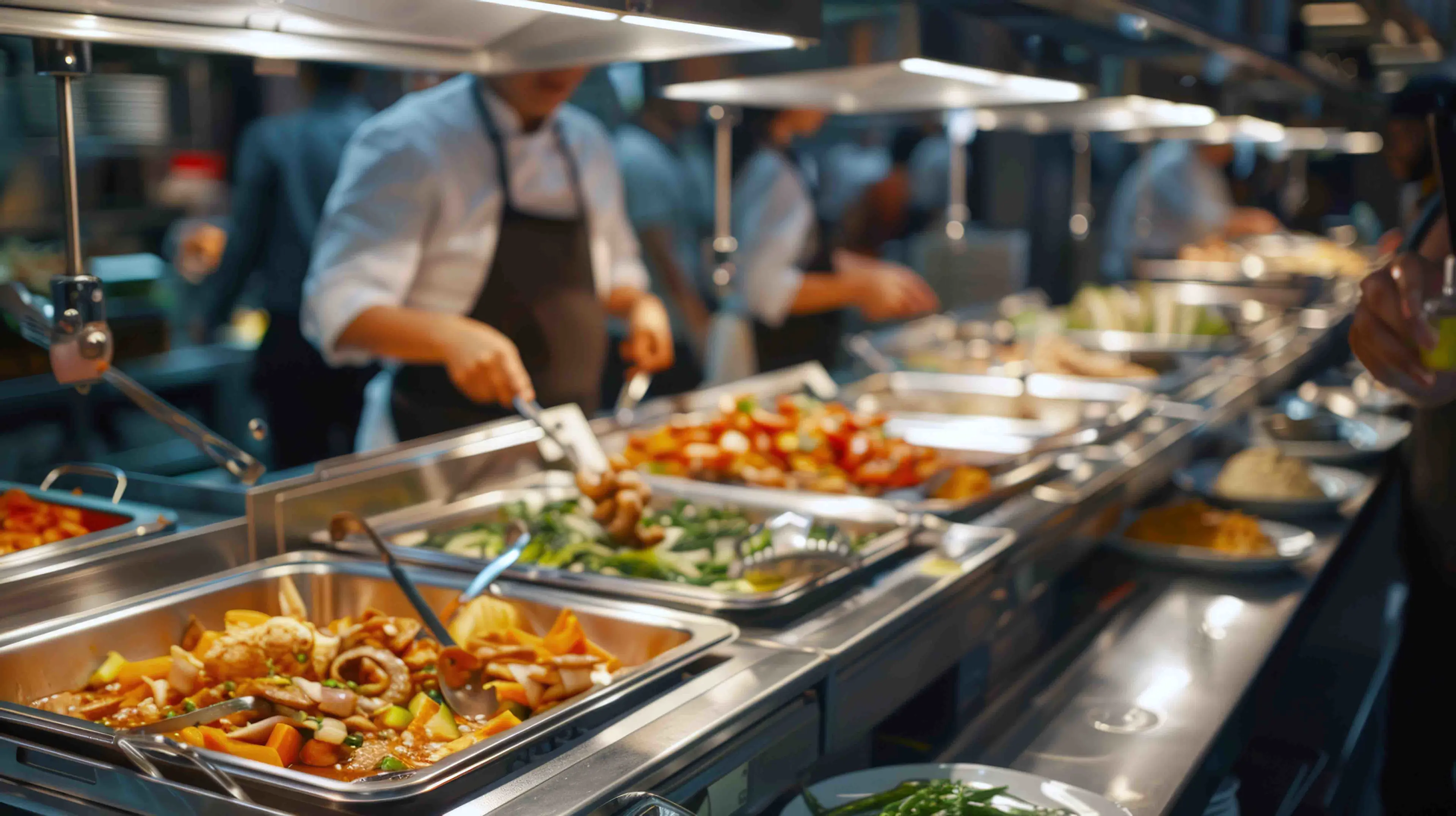 Customers selecting dishes from a buffet line filled with fresh ingredients and natural foods