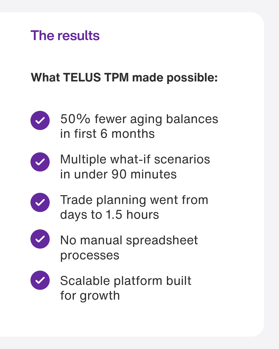 TELUS TPM results: 50% fewer aging balances and trade planning reduced from days to 1.5 hours.