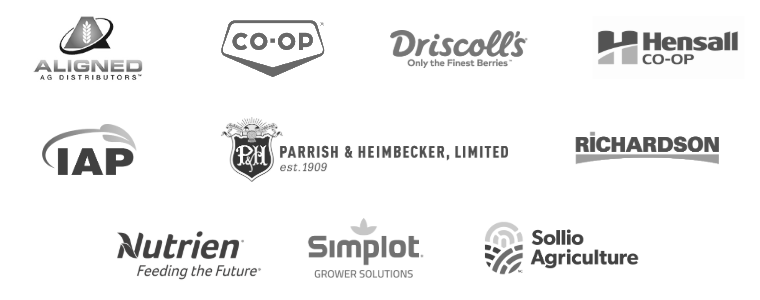 Grid of logos for agricultural and food companies including Aligned Ag Distributors, Co-op, Driscoll’s, Hensall Co-op, IAP, Parrish & Heimbecker, Richardson, Nutrient, Simplot Grower Solutions, and Sollio Agriculture