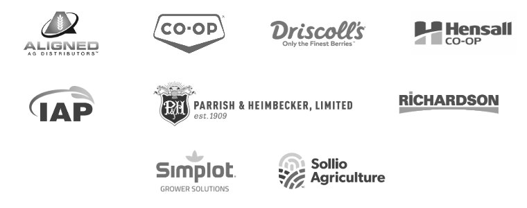 Grid of logos for agricultural and food companies including Aligned Ag Distributors, Co-op, Driscoll’s, Hensall Co-op, IAP, Parrish & Heimbecker, Richardson, Simplot Grower Solutions, and Sollio Agriculture