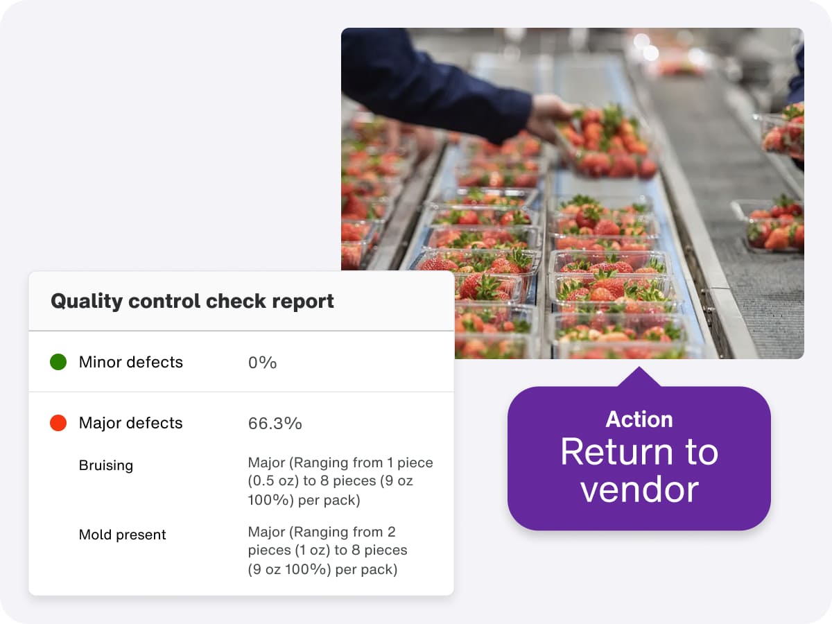 Screenshot of a product being checked with a text box labeled "Quality Control Checker" for FSMA 204 compliance software.

