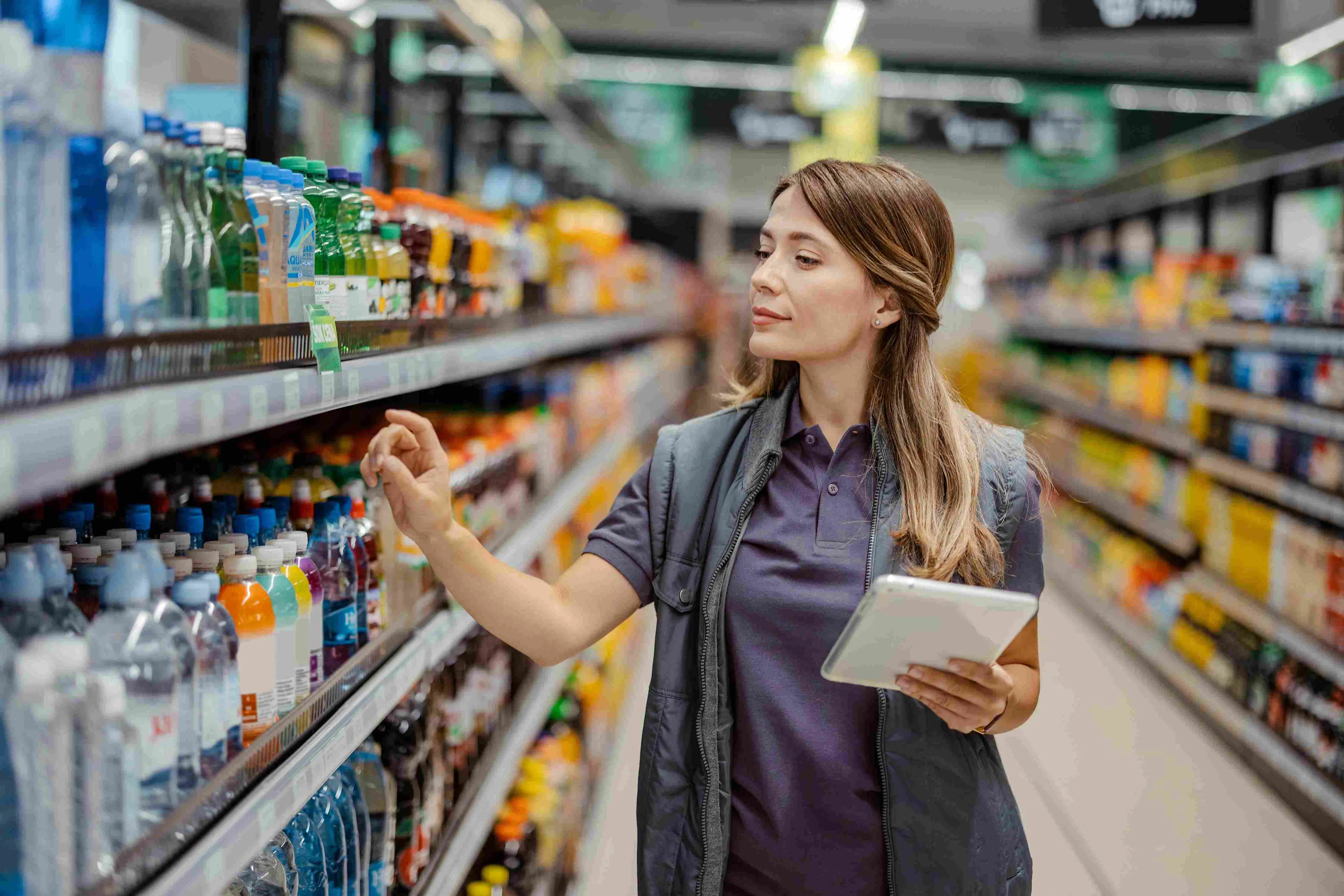 A sales representative scanning shelf before using image recognition software  in a retail store aisle.

