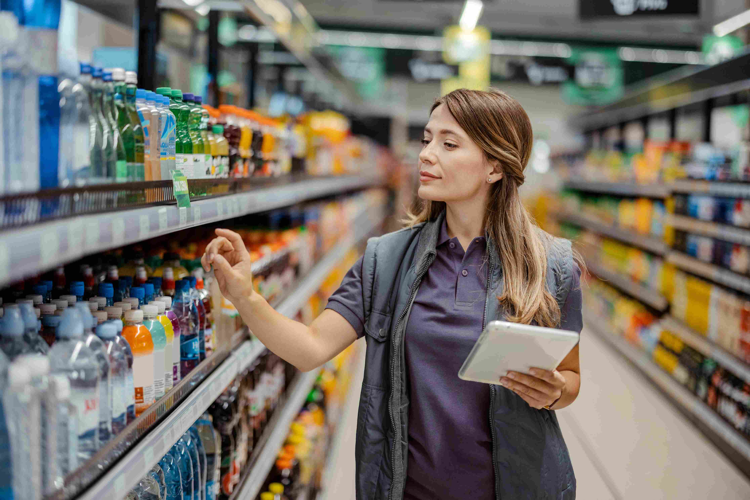 A sales representative scanning shelf before using image recognition software  in a retail store aisle.

