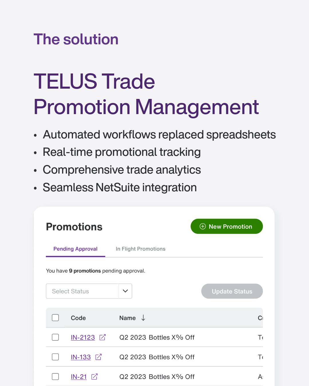 TELUS Trade Promotion Management
automated workflows replaced spreadsheets
real-time promotional tracking
trade analytics and netsuite integration