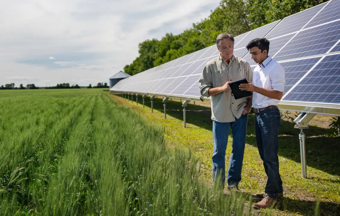 Two men with a tablet standing in front of a field with solar panels behind them