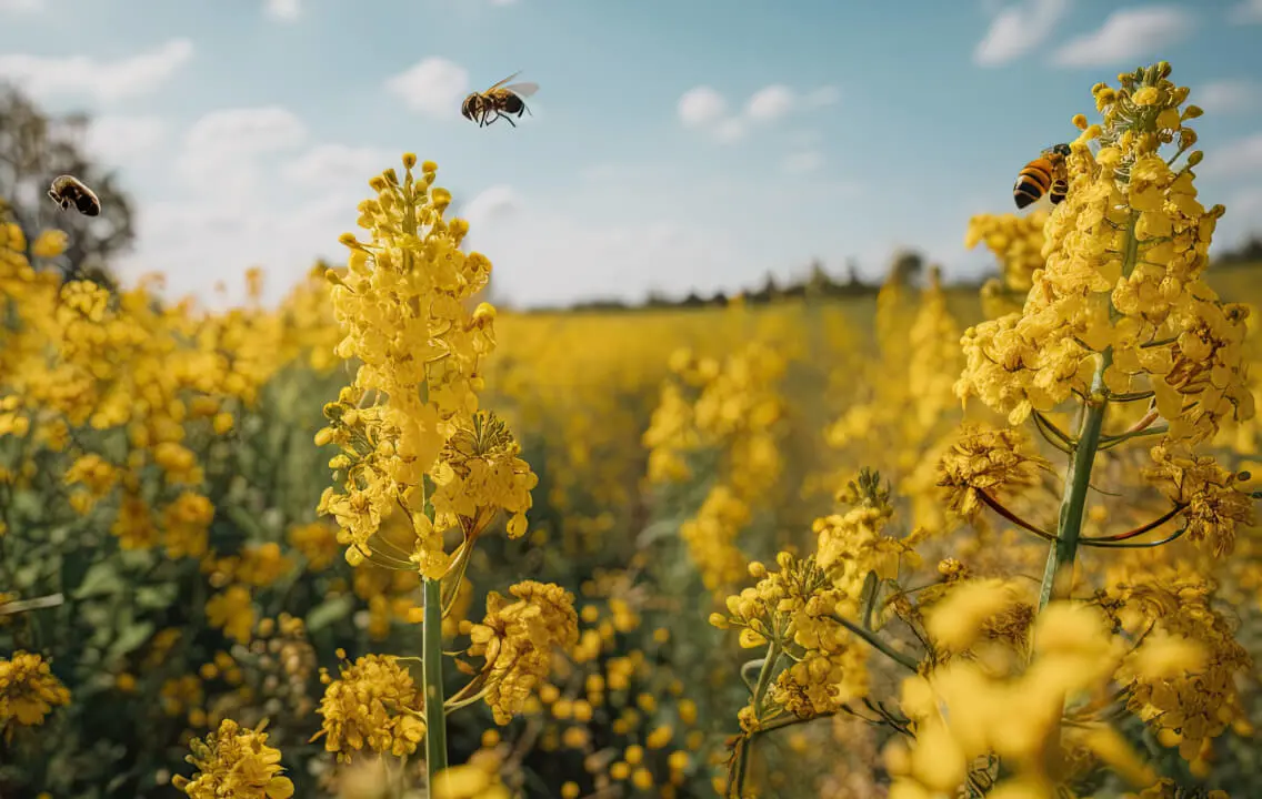 Bees flying over a canola field