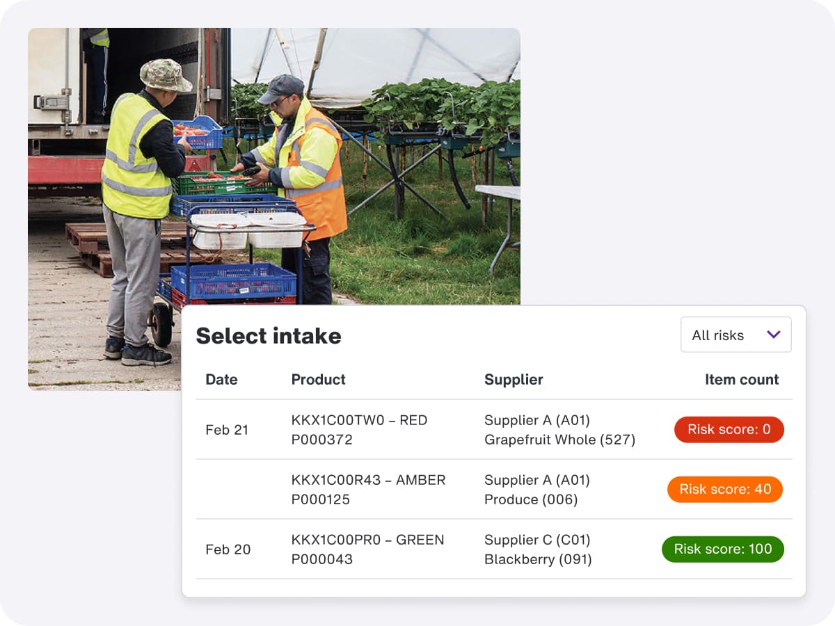 Screenshot of a UK food safety software featuring a man and woman wearing safety vests, highlighting workplace safety attire.