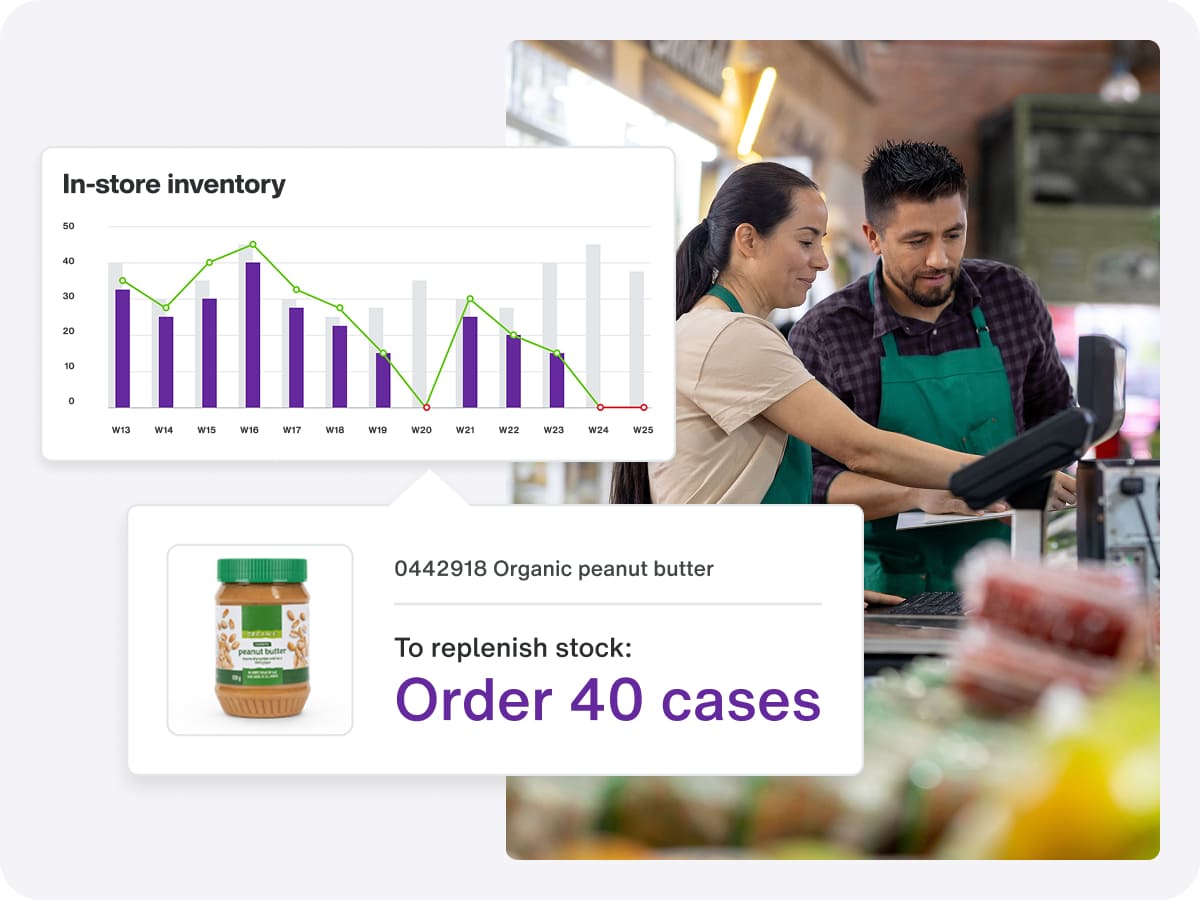 CPG managers analyzing AI image recognition data on a digital tablet to improve shelf strategy.