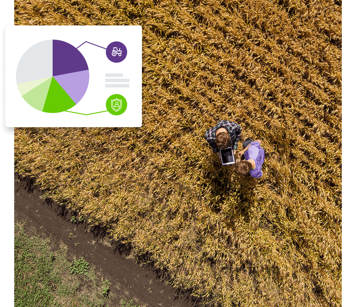 An aerial view of two people in a field with a tablet.