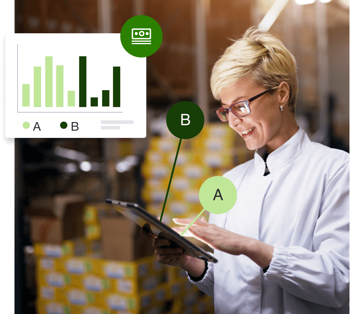 A woman in a lab coat is using a tablet in a warehouse.