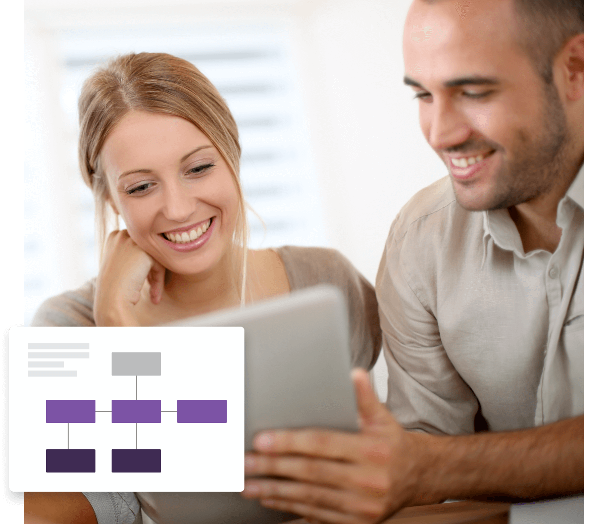 A man and woman looking at a tablet.