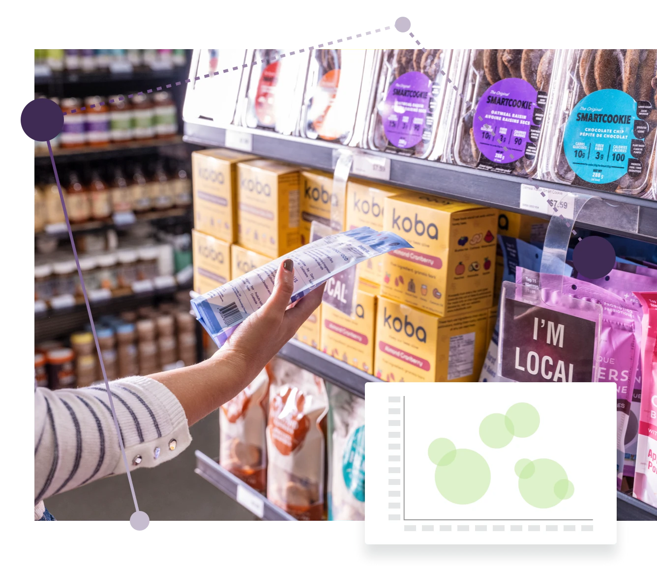 A woman is holding a bag of food in a store.