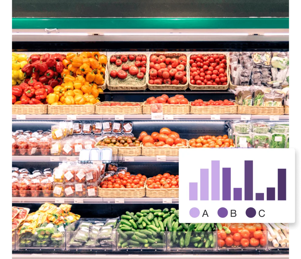 An image of a grocery store with a variety of fruits and vegetables.