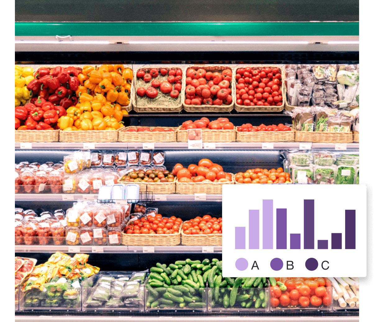 An image of a grocery store with a variety of fruits and vegetables.