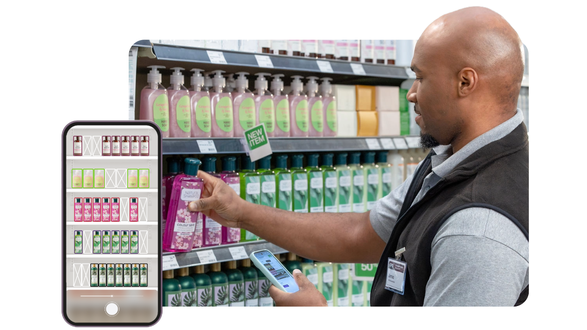 A man in front of a grocery store holds a tablet, utilizing image recognition technology.