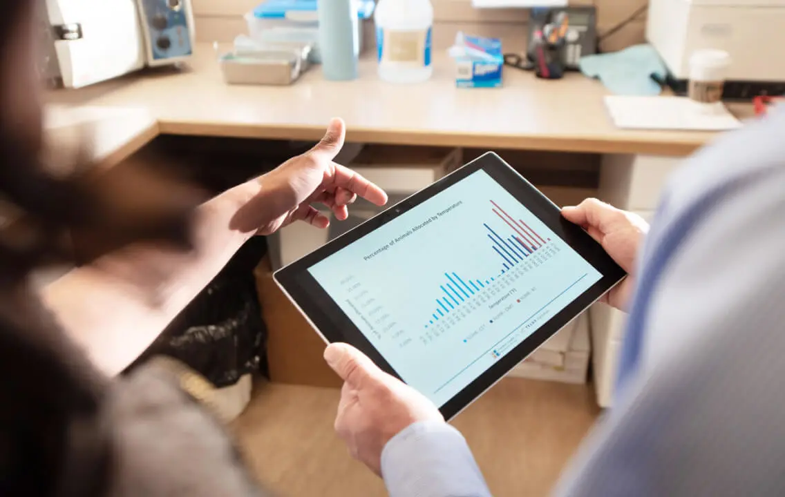 Two people in an office, looking at a tablet with a bar graph