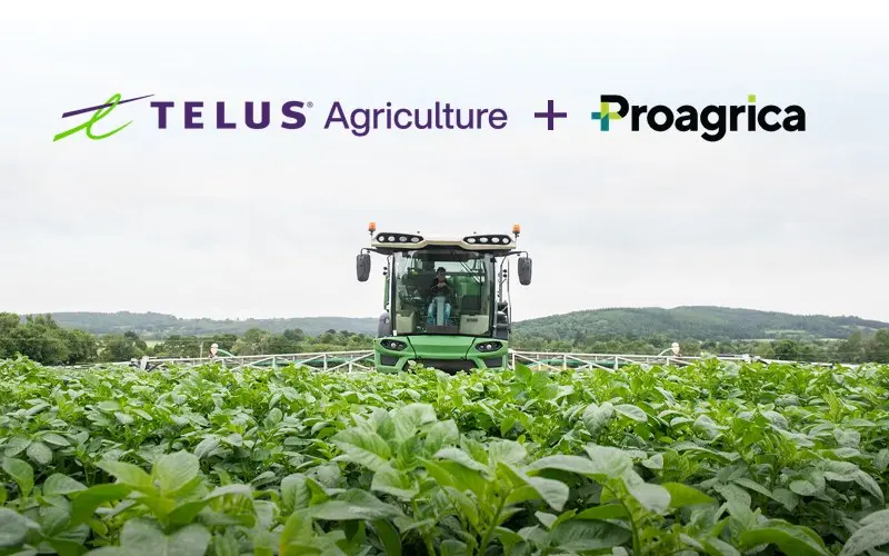 TELUS Agriculture and Proagrica logos with farm equipment in a field