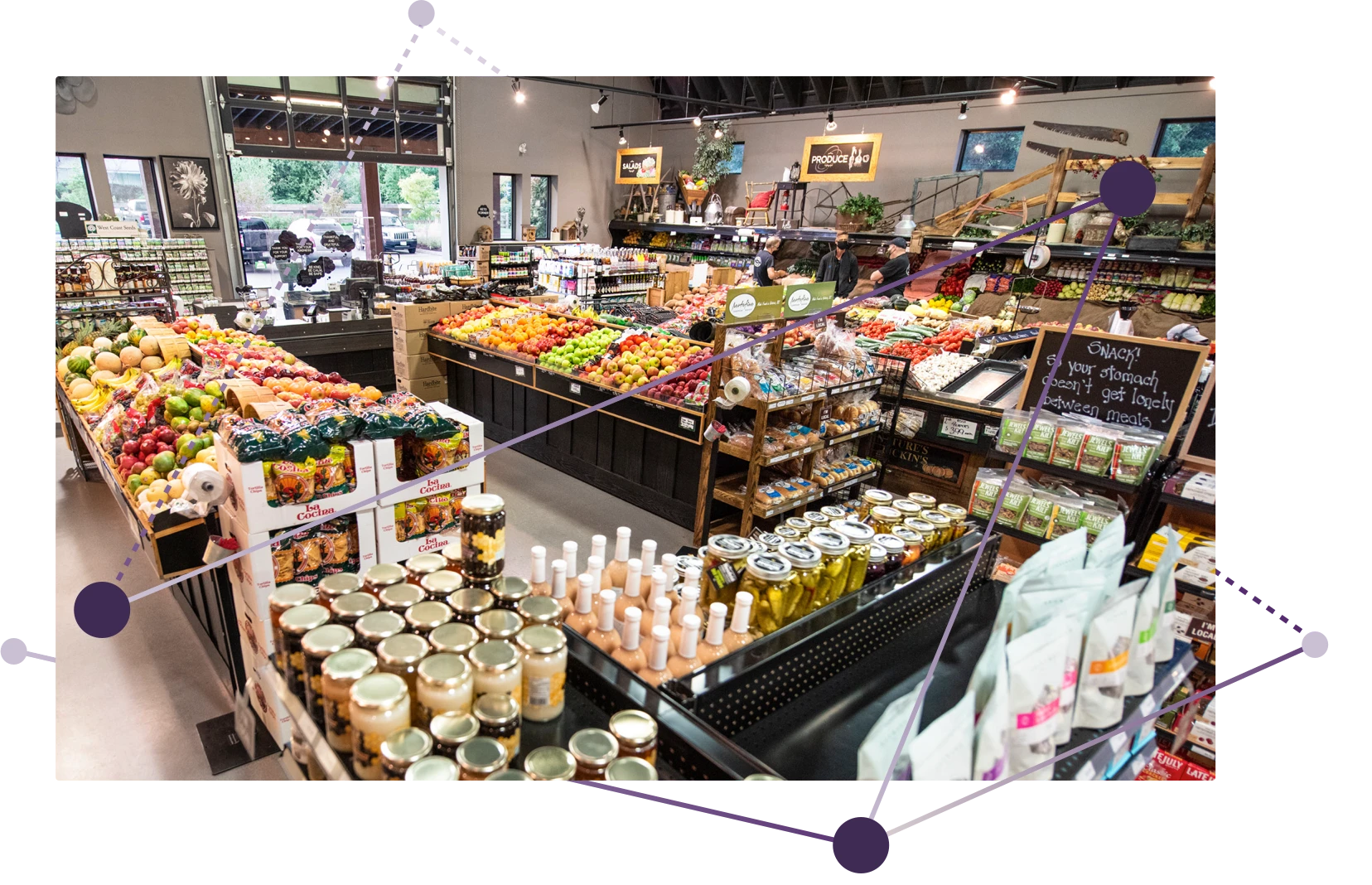 Une image d’une épicerie où il y a beaucoup de fruits et légumes.