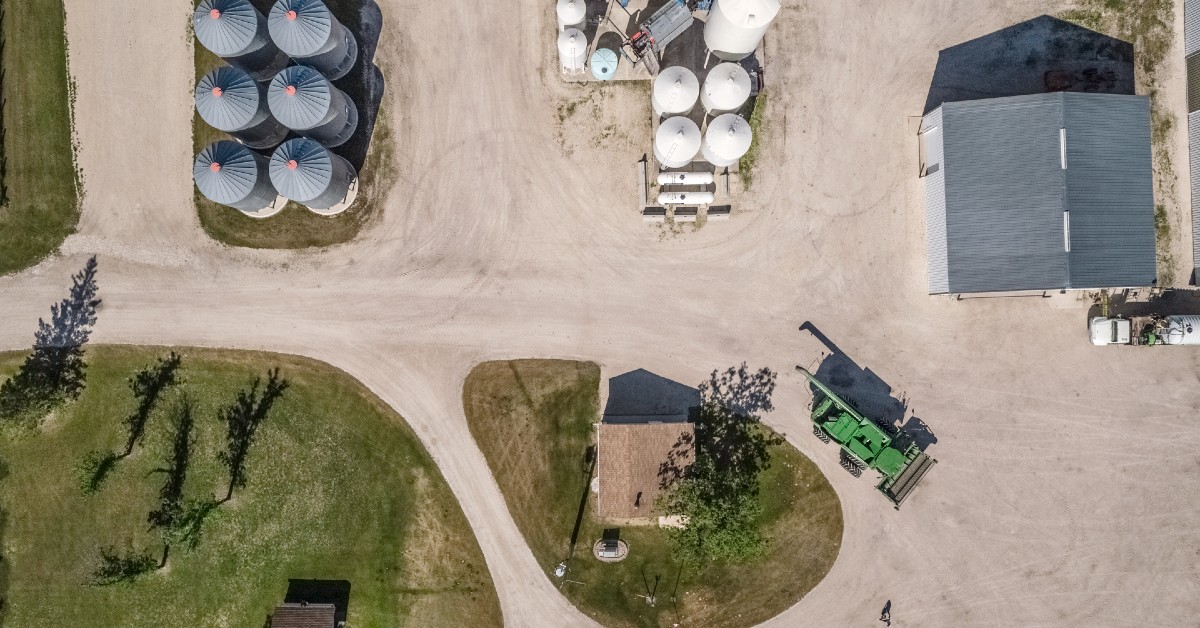 Aerial view of a farm operation. TELUS Agriculture.