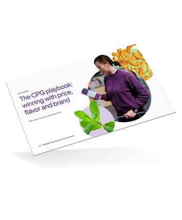 Cover image of a CPG playbook titled ‘Winning with price, flavor and brand,’ featuring a shopper holding a product in a grocery store.