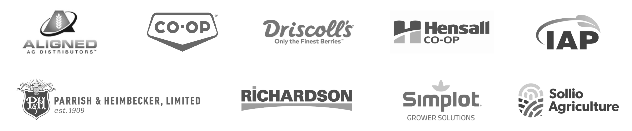 Grid of logos for agricultural and food companies including Aligned Ag Distributors, Co-op, Driscoll’s, Hensall Co-op, IAP, Parrish & Heimbecker, Richardson, Simplot Grower Solutions, and Sollio Agriculture