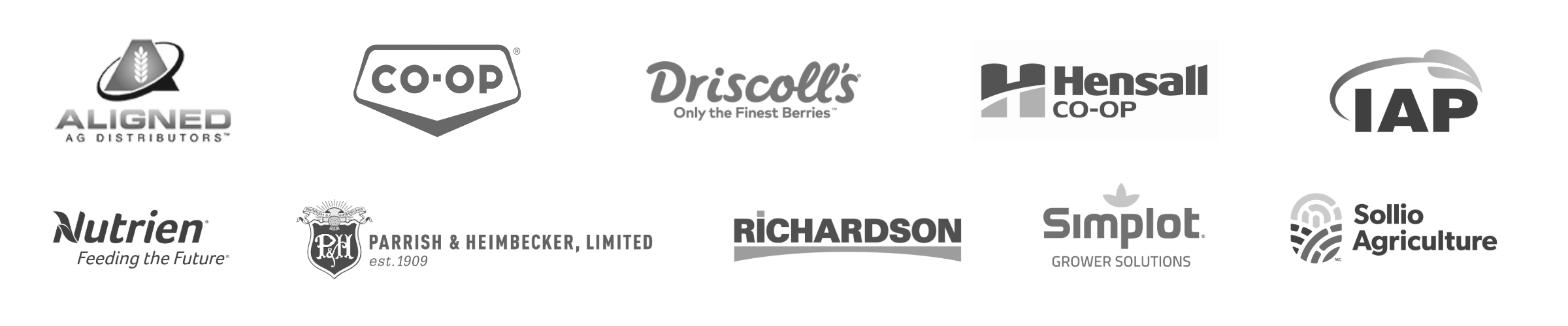 Grid of logos for agricultural and food companies including Aligned Ag Distributors, Co-op, Driscoll’s, Hensall Co-op, IAP, Parrish & Heimbecker, Richardson, Nutrient, Simplot Grower Solutions, and Sollio Agriculture