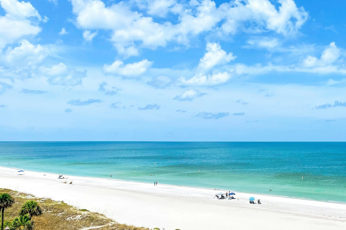 Undeveloped white sand barrier island beach with sea oats and clear Gulf water in Florida